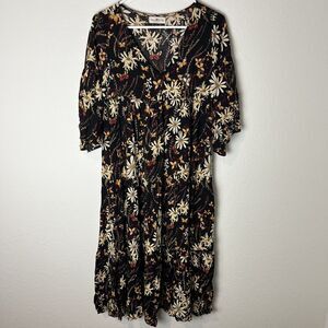 Natural Life Dress Womens XS/S Black Floral Butterfly Boho Bell Sleeve Midi